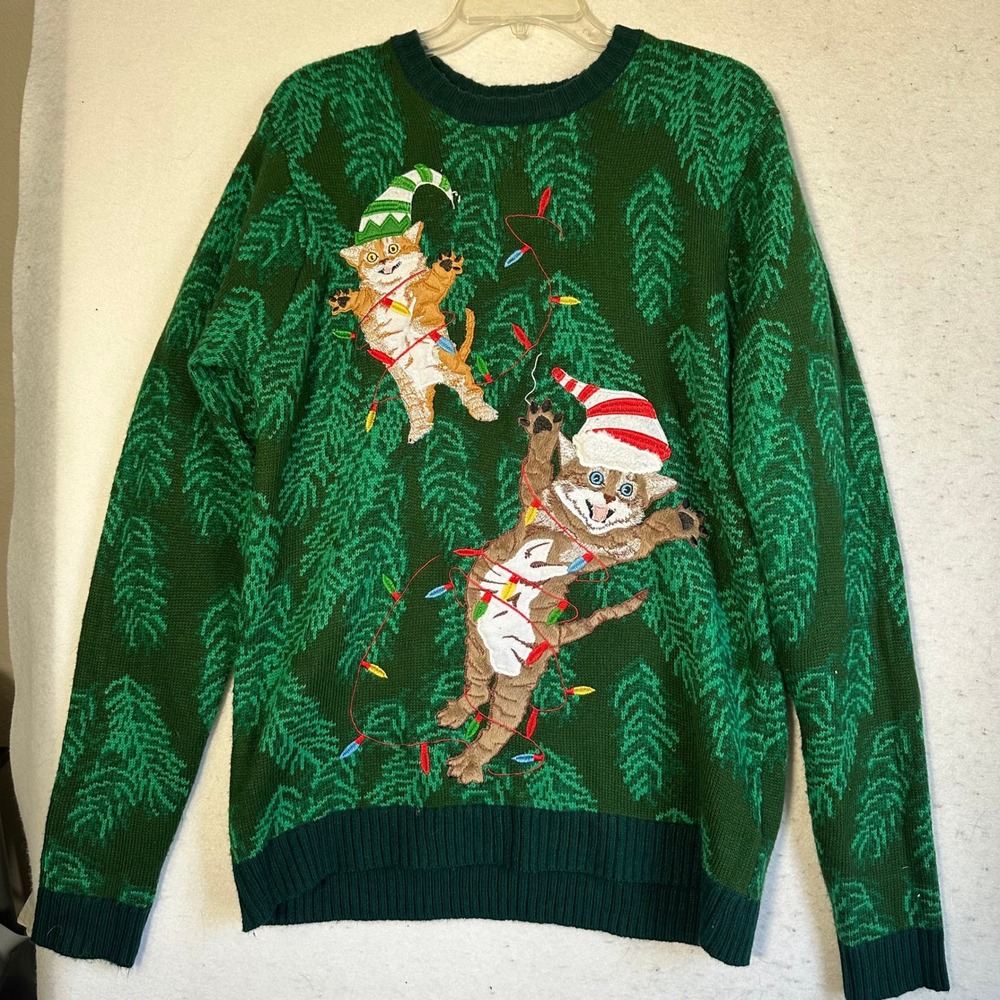 Blizzard Bay Ugly Christmas Sweater Mens Large Green Kittens Christmas Lights L